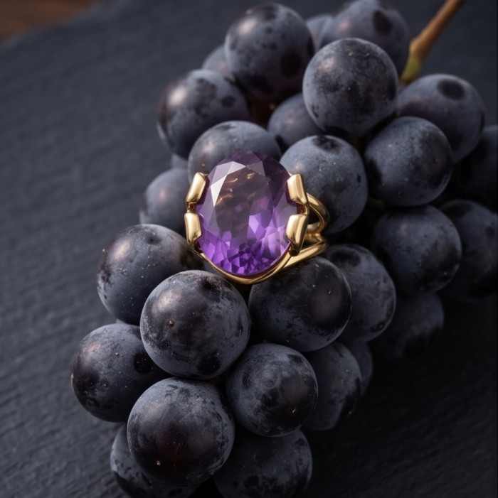 Purple Mystery 12.5 carat Amethyst .925 Sterling Silver dipped in 18K Gold Handcrafted Ring size 9 - Amethyst ring close-up on grapes, Purple Mystery 12.5 carat, sterling silver.