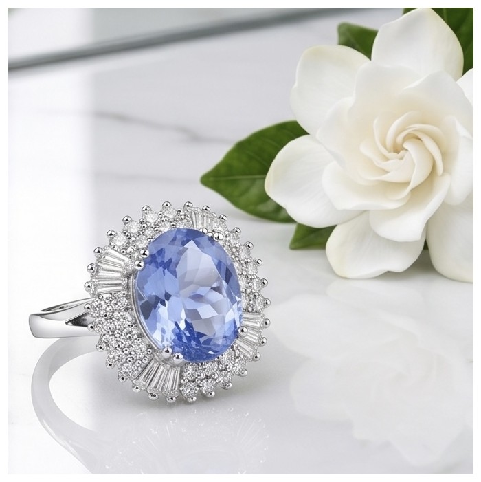 Precious Design oval cut 7.9 CARAT Tanzanite .925 Sterling Silver Statement Ring s. 8 - Oval cut Tanzanite ring, side view with flower background