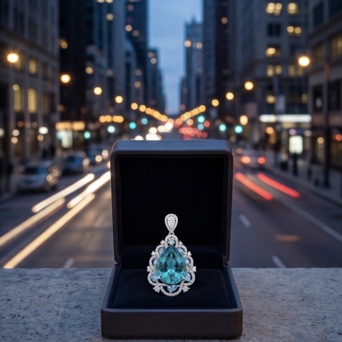 Atlantica - amazing quality pearl cut 14.5 CARAT genuine Swiss Blue Topaz rhodium over .925 Sterling Silver handmade pendant - Atlantica pendant in box, city lights backdrop, frontal view