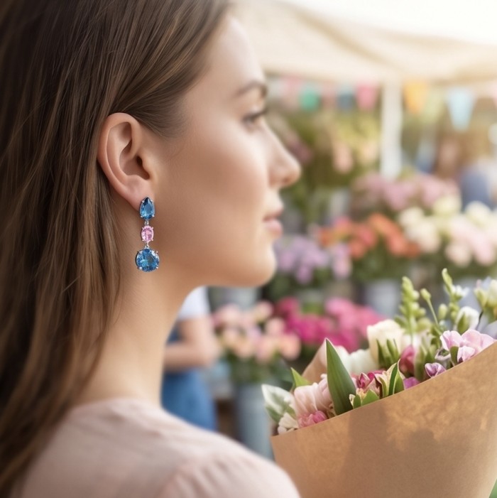 Exquisite 24.7 carat Swiss Blue Topaz rhodium over .925 Sterling Silver Handcrafted Statement earrings - Side view of woman wearing Swiss Blue Topaz earrings, holding flowers.