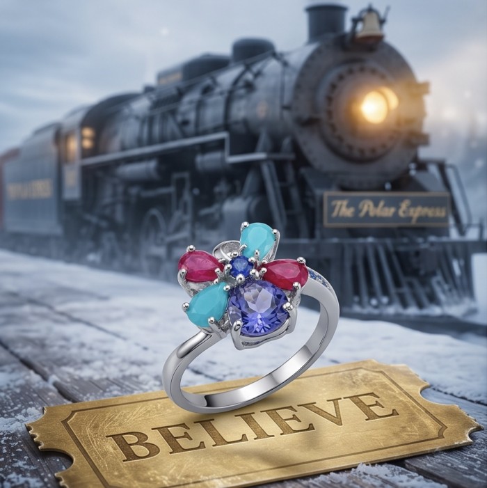 Flower 7.2 carat Multigem .925 Sterling Silver Handcrafted Ring size 7 - Flower multigem ring on "Believe" ticket with train background, close-up.