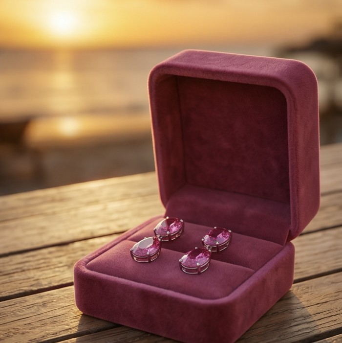 Large - Tiffany - authentic oval cut 49.7 carat Pink Sapphire .925 Sterling Silver handcrafted Earrings - Pink sapphire stones in open velvet box, sunset background