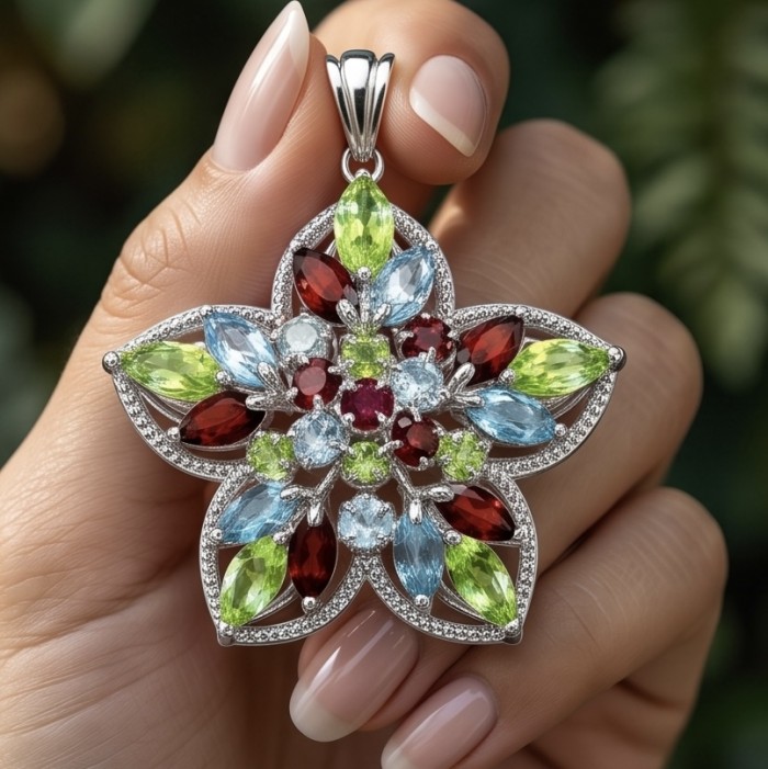 Colors of the Earth Precious 24.5 carat Multigem .925 Sterling Silver dipped in rhodium Pendant - Flower-shaped multigem pendant held in hand, highlighting vibrant colors.