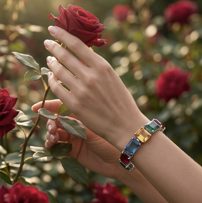 Tutti Frutti 49.5 CARAT MULTIGEM .925 Sterling Silver brilliantly handcrafted Bracelet - Tutti Frutti bracelet worn on hand among roses, side view.