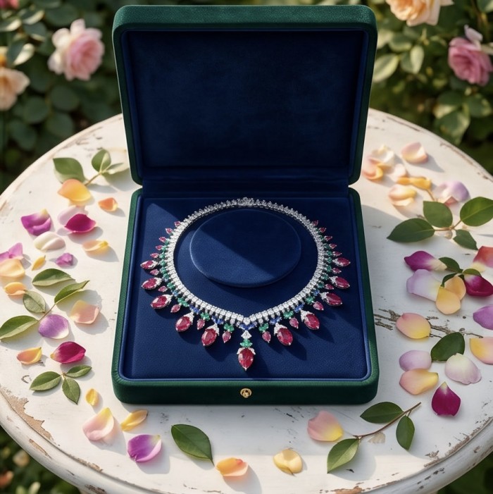 RARE BEAUTY! Valentina 55.2 carat Ruby Emerald Sapphire .925 Sterling Silver dipped in rhodium Statement Necklace - Necklace in open box, surrounded by petals, top view