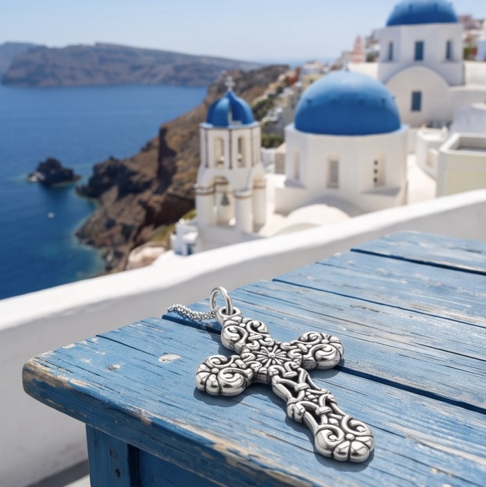 Holy Cross the best quality .925 Sterling Silver Bali made Pendant - Sterling silver cross on blue table with Santorini view in background