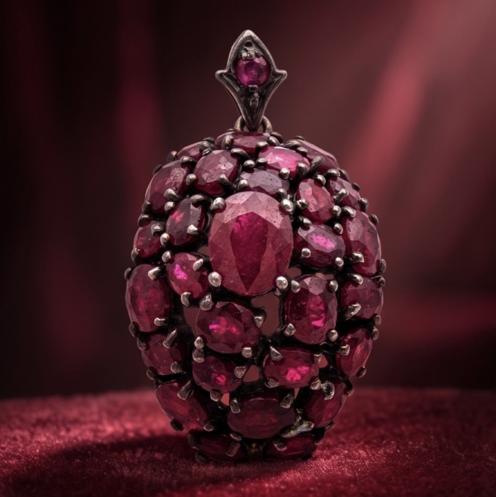 Giovanna 26.4 carat authentic Mozambique Ruby black rhodium .925 Sterling Silver handmade Pendant - Close-up of 26.4 carat Mozambique Ruby jewelry on red background.