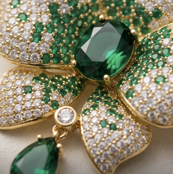 Heirloom Genuine 18.5 carat Colombian Emerald .925 Sterling Silver handmade Brooch - Close-up of gold and emerald jewelry piece with intricate detailing