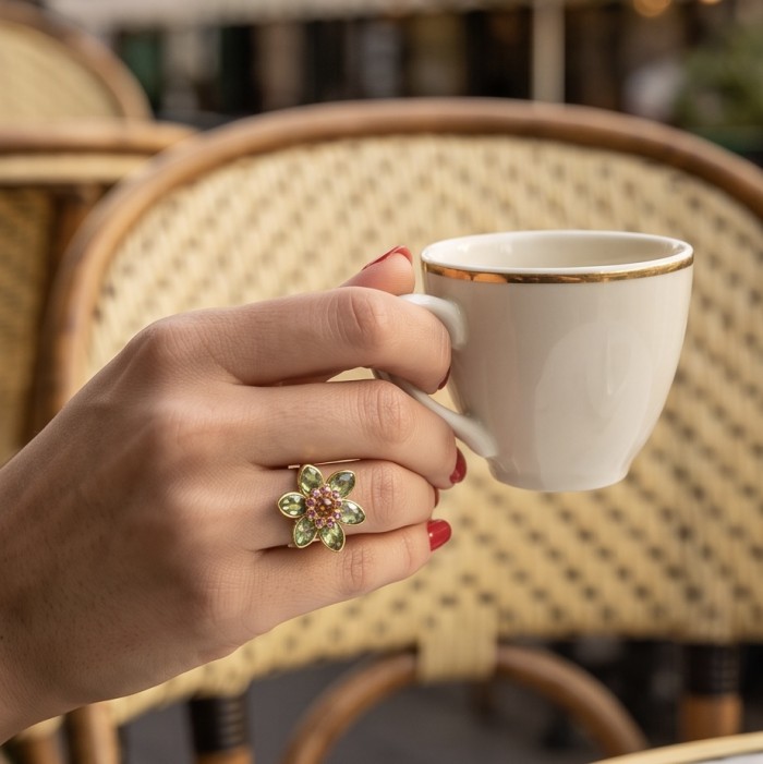 Summer flower 6.5 carat genuine Green Topaz 14K Gold over .925 Sterling Silver handmade Statement Ring size 8 1/4 - Ring with green topaz flower worn on hand holding a coffee cup