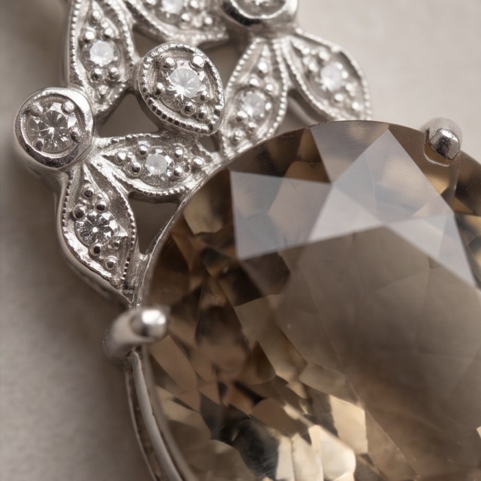 Luxury genuine 22.7 CARAT oval cut Champagne Topaz .925 Sterling Silver dipped in rhodium handmade Pendant - Close-up of oval cut Champagne Topaz with diamond accents in silver setting.