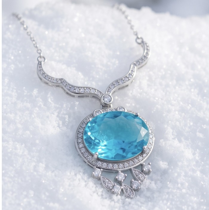 A Wild Ocean genuine 27.4 carat Paraiba Tourmaline .925 Sterling Silver handmade Statement necklace - Close-up of Paraiba Tourmaline necklace on snow background