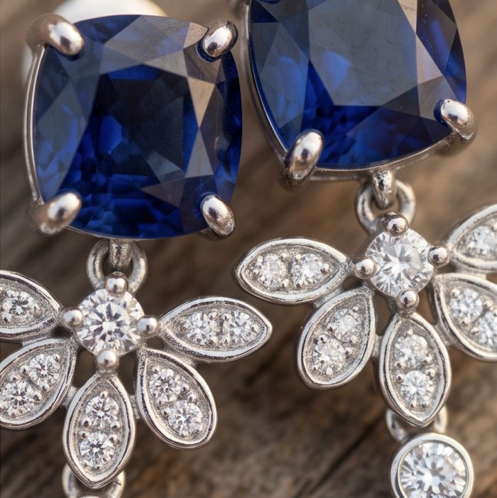 Vintage style - Giovanna - 6.8 carat Sapphire .925 Sterling Silver handcrafted earrings - Close-up of vintage style sapphire earrings with diamond accents.