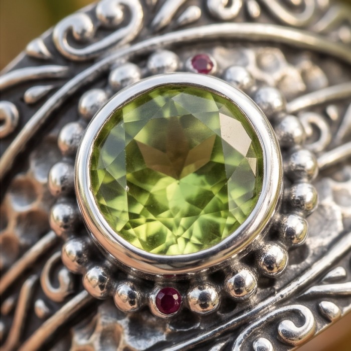 Garden 3.9 carat authentic Himalayan Peridot .925 Sterling Silver Handcrafted Statement Ring size 8 - Close-up of Himalayan Peridot set in intricate .925 sterling silver.