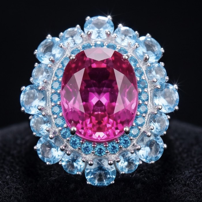 Anastasia 28.2 carat Pink Sapphire .925 Sterling Silver dipped in Rhodium Handcrafted Statement Ring size 8 - Close-up of Anastasia 28.2 carat Pink Sapphire ring with blue accents.
