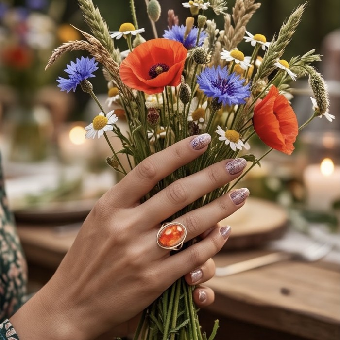 Golden Galaxy best quality 21.9 carat Mexican Opal 18K Gold over .925 Sterling Silver handmade ring 8 - Worn on hand: 21.9 carat Mexican Opal ring in 18K gold with floral bouquet.