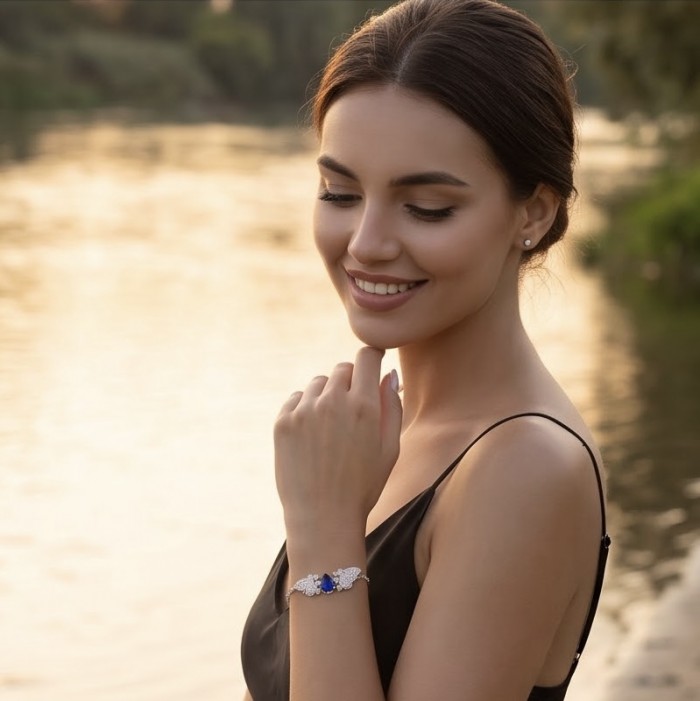 Vintage style - Giovanna - 6.8 carat Sapphire .925 Sterling Silver handcrafted Statement Bracelet - Worn on wrist, vintage style Giovanna 6.8 carat Sapphire bracelet.