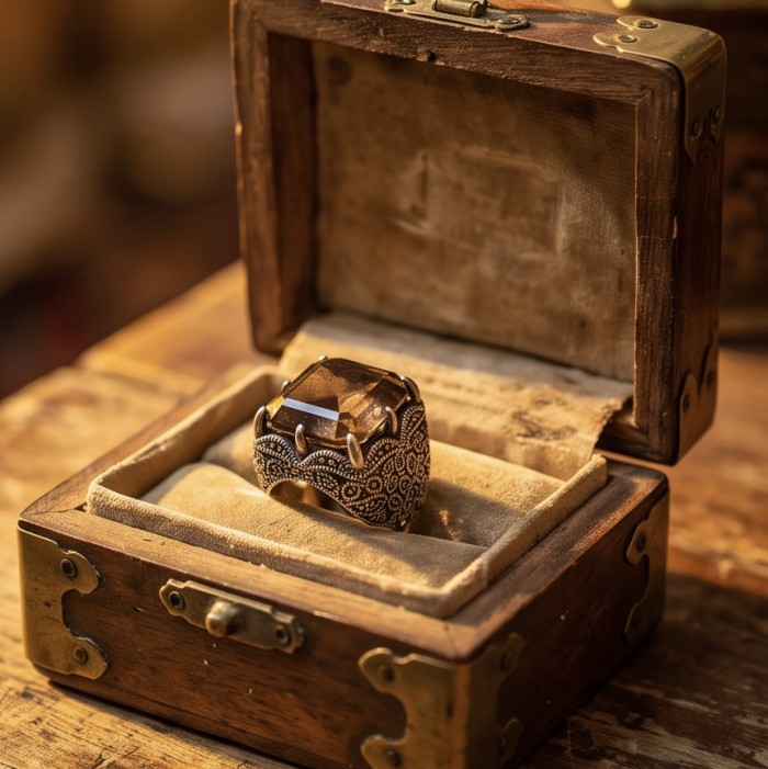 Serenity 19.5 carat Champagne Smoky Topaz rhodium over .925 Sterling Silver HUGE Ring size 8 - Antique box with Serenity 19.5ct Champagne Smoky Topaz ring, top view.