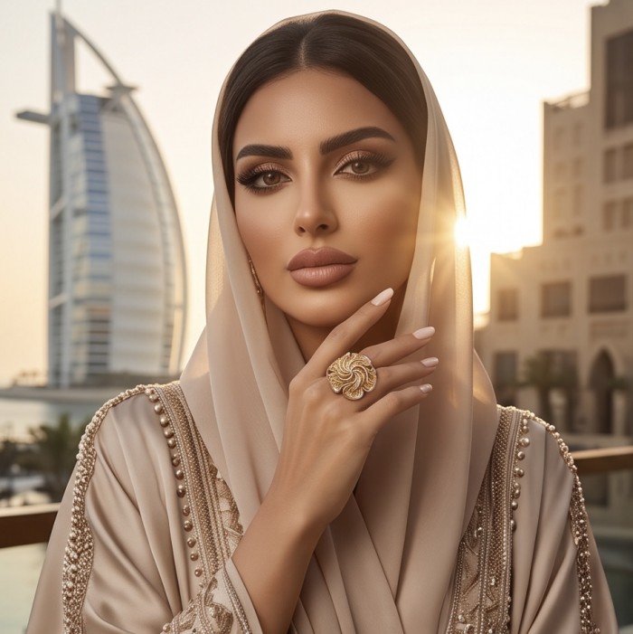 GOLDEN ROSE - Dubai Style - .925 Sterling Silver dipped in 22K Gold handmade Large ring size 8 1/4 - Woman wearing GOLDEN ROSE ring, Dubai backdrop, sunlight highlight.