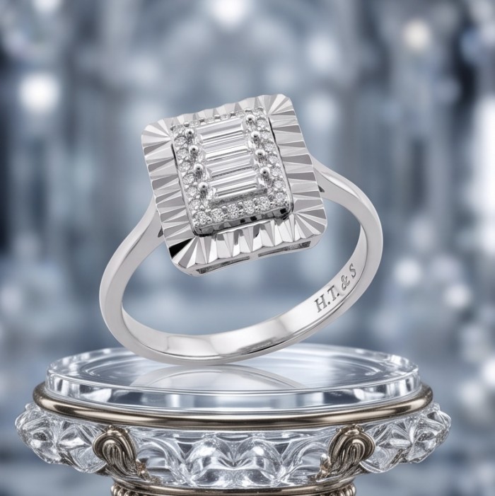 Art Deco 7.4 ctw White TOPAZ .925 Sterling Silver handcrafted Statement Ring size 8 1/4 - Art Deco sterling silver ring close-up on display stand