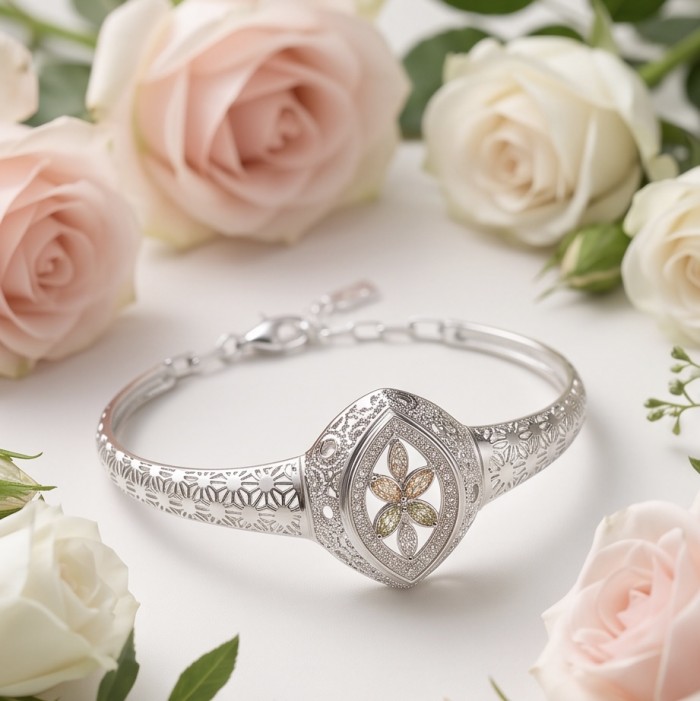 Casablanca - authentic 3.2 carat White topaz .925 Sterling Silver Bracelet - Elegant bracelet with floral detail, surrounded by soft pink and white roses.