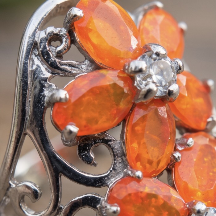 Queen of Fire best quality 8.4 carat Mexican Opal rhodium over .925 Sterling Silver handmade ring 7 1/2 - Close-up of 8.4 carat Mexican Opal in floral rhodium setting.