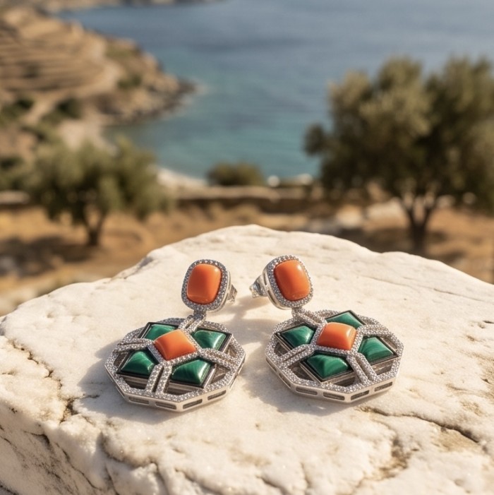 Art Deco Genuine Orange Fossilized Coral Malachite rhodium over .925 Sterling Silver handmade earrings - Art Deco earrings on stone with coastal background, front view