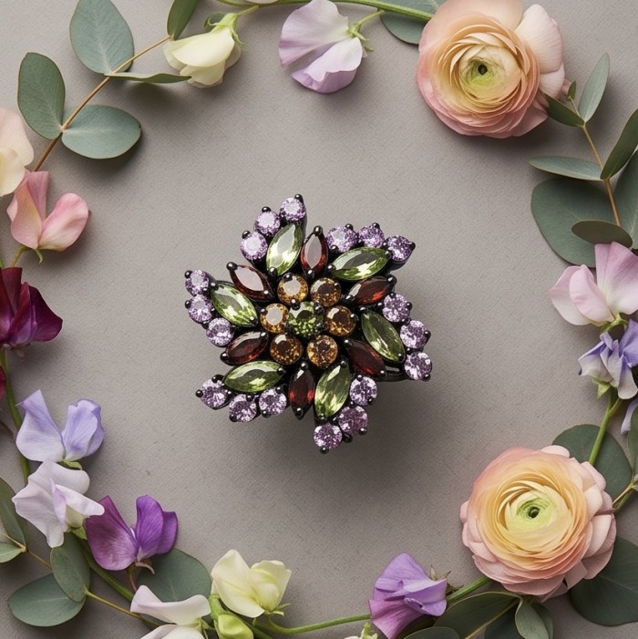 Fiesta Authentic 14.5 carat Multigem .925 Sterling Silver dipped in black rhodium brilliantly handcrafted Ring size 8 1/2 - Top view of multigem floral brooch with surrounding flowers.