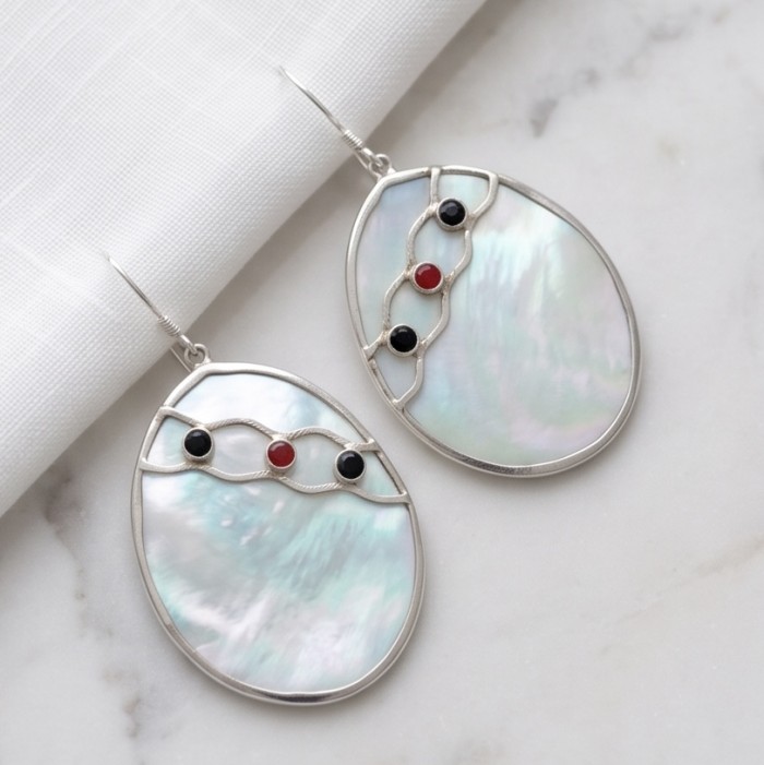 Luxurious Genuine Blister Pearl .925 Sterling Silver handcrafted Statement Earrings - photo 2