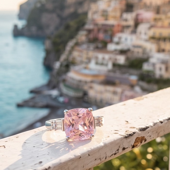 Anastasia ssscher cut 6.8 carat Pink Sapphire .925 Sterling Silver dipped in Rhodium Handcrafted Statement Ring size 7 - Close-up of pink sapphire ring on a ledge, coastal background.