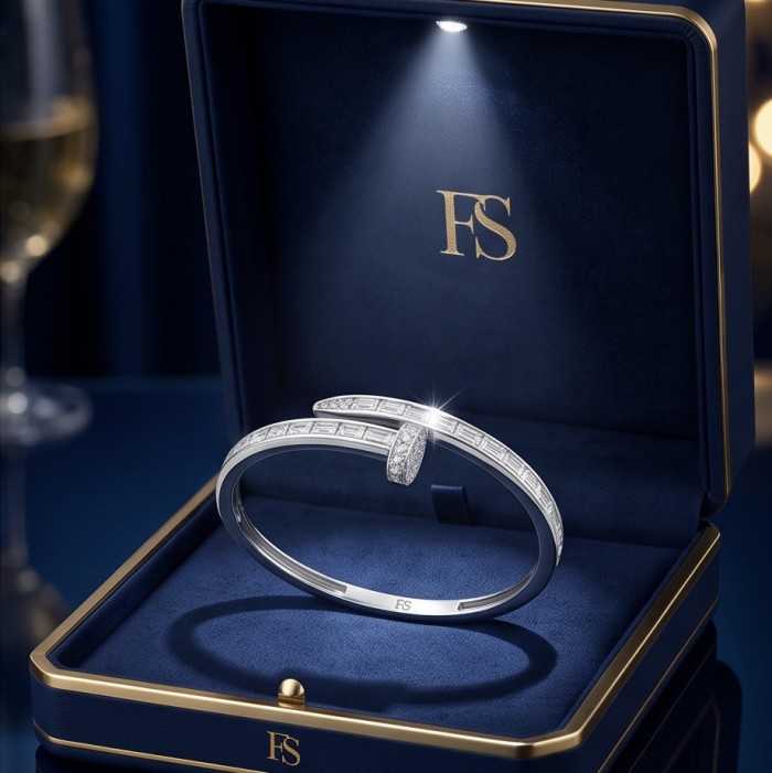 Nail 4.8 carat White Topaz rhodium over .925 Sterling Silver Bangle highly polished bracelet - Elegant bangle in a box, side view showing white topaz details.
