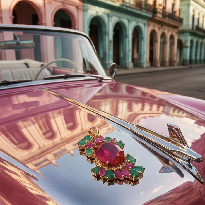 Abundant Blessings Genuine 22.5 carat Ruby 8.2 carat Emerald 18K Gold over .925 Sterling Silver handmade Pendant - Close-up of Abundant Blessings ruby and emerald jewelry on car hood