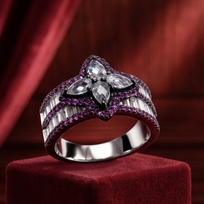 Elizabeth 4.2 carat Moissanite .925 Sterling Silver dipped in Rhodium handcrafted Ring size 8 - Elizabeth ring, front angle, moissanite and sterling silver on red display