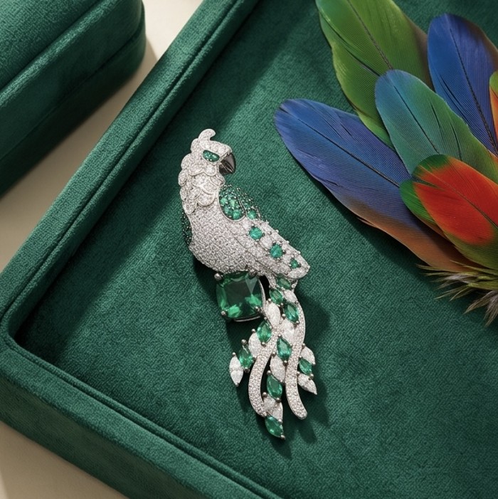 Exotic Parrot - 7.8 carat Emerald 2.9 carat pave Moissanite rhodium over .925 Sterling Silver rhodium over handcrafted Brooch - Exotic Parrot brooch side view with emerald and moissanite details.