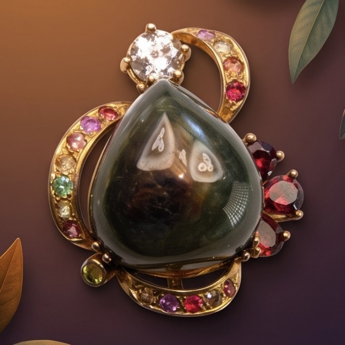 Rare finding! 24.4 carat authentic Kashmir Star Sapphire 22K Gold over .925 Sterling Silver handmade Statement Pendant - Close-up of ornate gemstone pendant with colorful gemstones