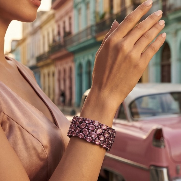 Luxurious 45.4 carat Pink Sapphire 1.8 carat Tanzanite 8.2 carat Rose Quartz black rhodium over .925 Sterling Silver handcrafted Bracelet - Worn on wrist, luxurious pink sapphire and tanzanite bracelet.