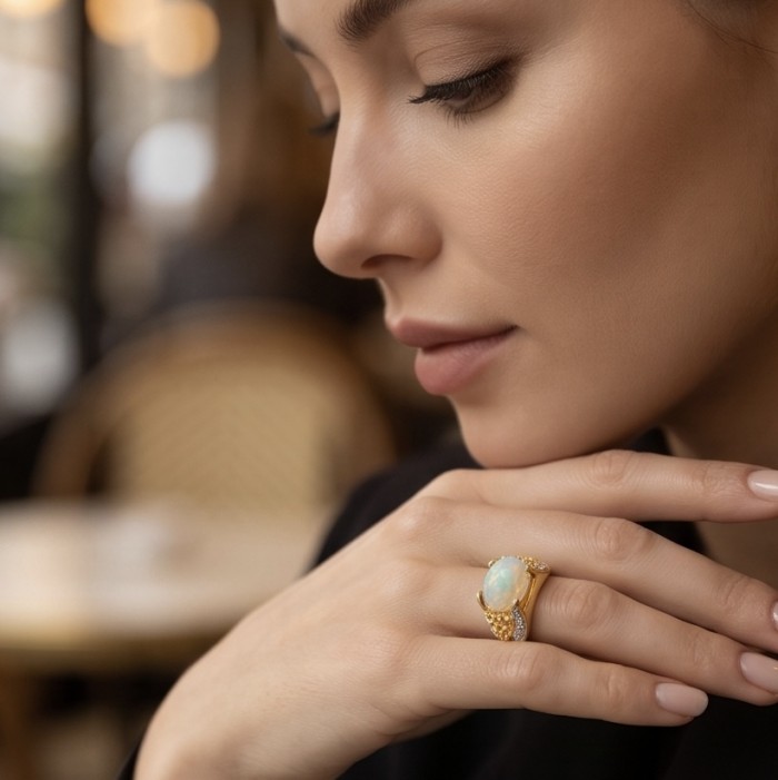 ENDLESS OCEAN 6.8 ctw Genuine Fire Ethiopian Opal 22K Gold over .925 Sterling Silver handmade Ring size 7 - Side view of ring worn on hand with Ethiopian opal and gold detail