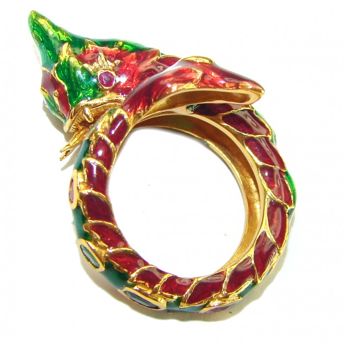 Dragon - symbolizes supernatural power- Enamel Ruby 18K Gold over .925 Sterling Silver Huge handcrafted Ring s. 8 1/4 - photo 2