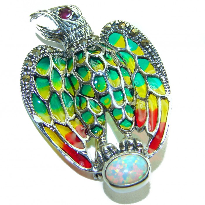 Natural Enamel Eagle .925 Sterling Silver Brooch Pendant - photo 3