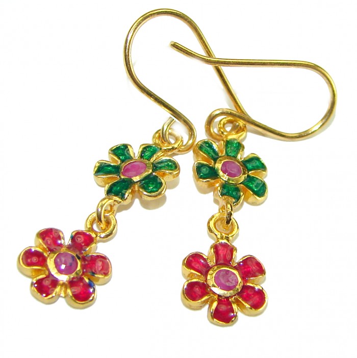 Golden Flowers Genuine Ruby Enamel 14K Gold over .925 Sterling Silver handcrafted Earrings - photo 2