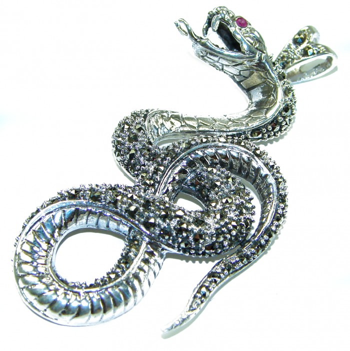 Large 2 5/8 inches long Cobra Snake genuine Marcasite .925 Sterling Silver handmade Pendant - photo 3