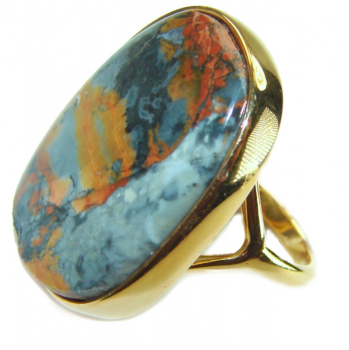 Large Silky Golden Pietersite 14K Gold over .925 Sterling Silver handmade Ring size 8 - Close-up of large pietersite ring with gold setting and sterling silver.