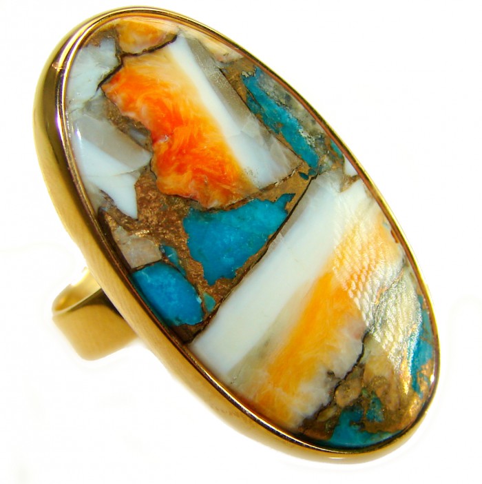 Rare 29.5 carat Oyster Turquoise 18K Gold over .925 Sterling Silver handcrafted Large ring; s. 6 adjustable - Close-up of Oyster Turquoise ring in 18K gold over sterling silver.