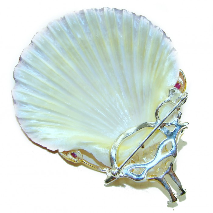 Greaceful Peacock Genuine Ocean Shell Ruby 14K Gold over .925 Sterling Silver handcrafted Pendant brooch - Peacock shell brooch with ruby detail, showing clasp and metalwork.