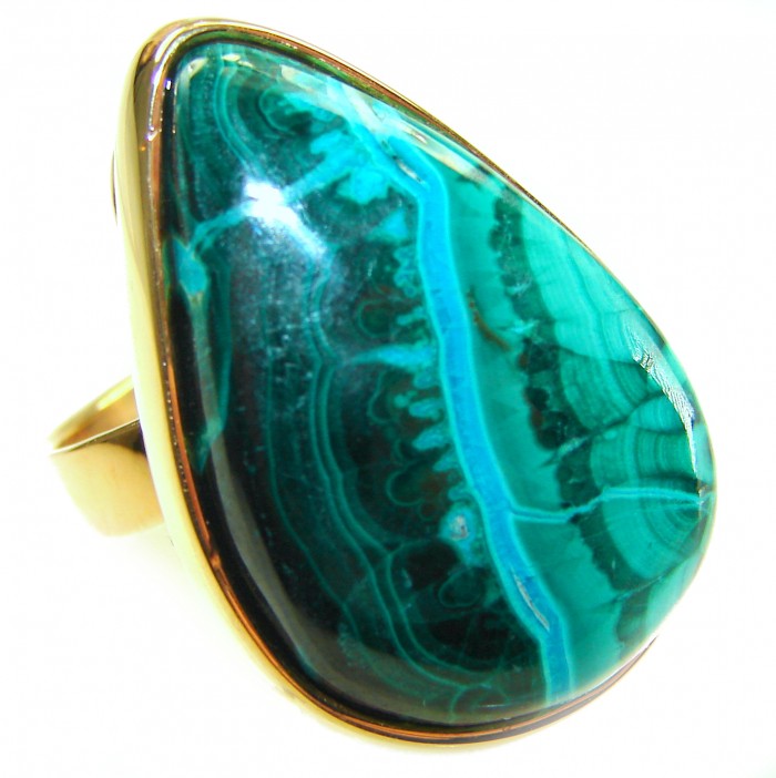 Amazonia 24.5 CARAT genuine Malachite from Ural .925 Sterling Silver dipped in 18K ROSE GOLD handcrafted ring size 7 adjustable - Close-up of teardrop-shaped malachite stone set in sterling silver ring.