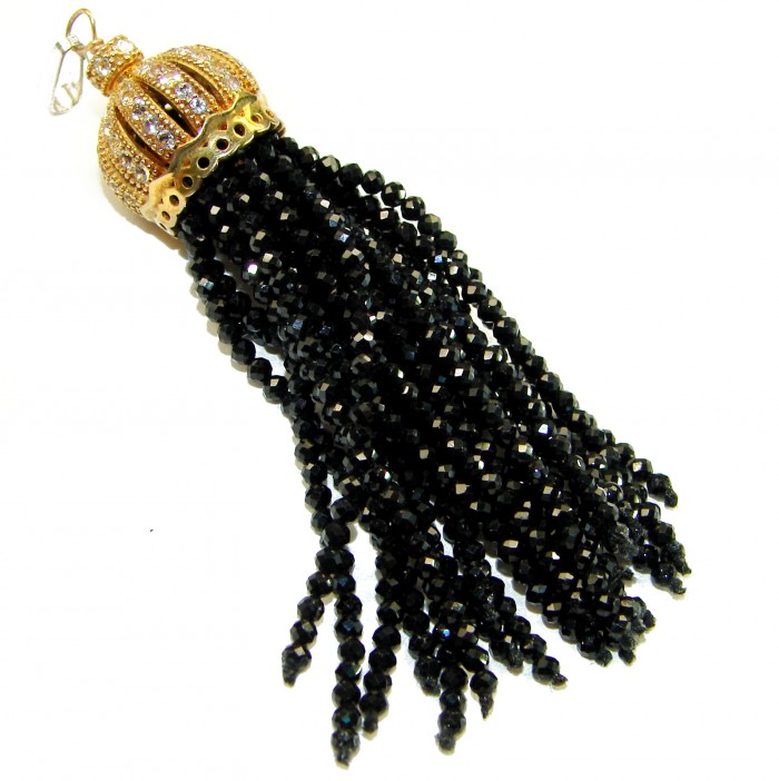 Artisan Design Spinel 14K Gold over .925 Sterling Silver pendant - Close-up of black spinel tassel pendant with gold and cubic zirconia cap.