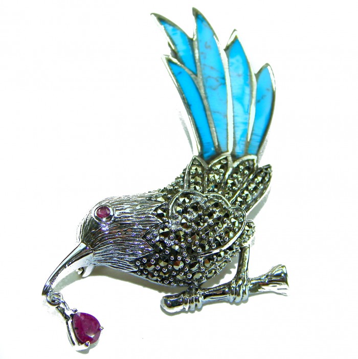 Blue Bird genuine INLAY Turquoise Marcasite .925 Sterling Silver handmade Brooch - Side view of blue bird brooch with turquoise and marcasite on silver.