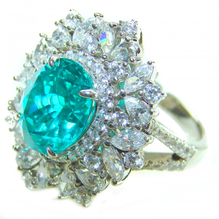 Wonderland 9.5 carat Brazilian Paraiba Tourmaline .925 Sterling Silver Handcrafted Ring size 7 1/4 - Close-up of Wonderland 9.5 carat Paraiba Tourmaline ring with diamonds
