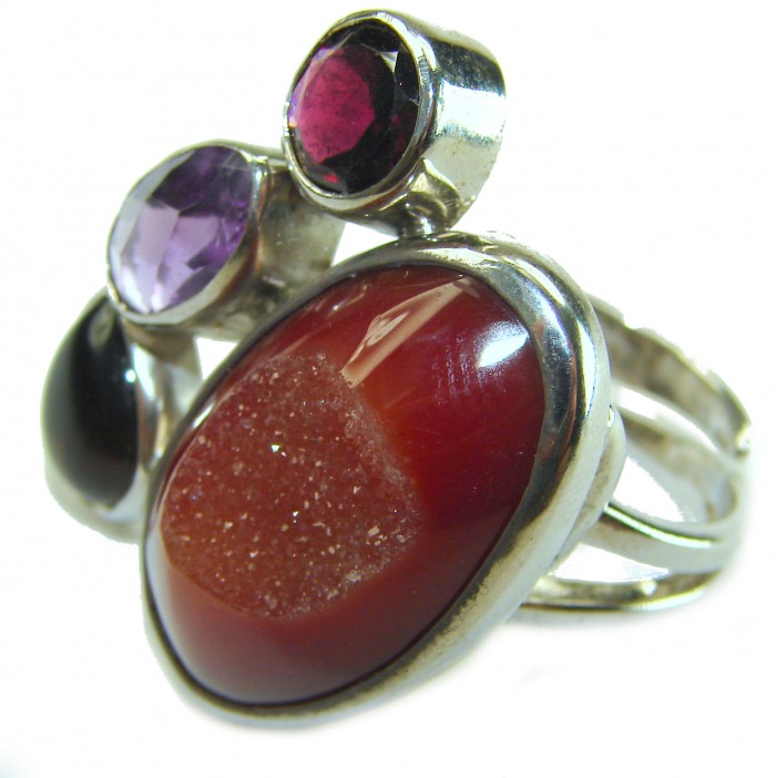 Top quality 25.2 carat Druzy Agate .925 Sterling Silver Handcrafted Large Ring size 7 - Close-up of Druzy Agate and gemstones in .925 sterling silver ring