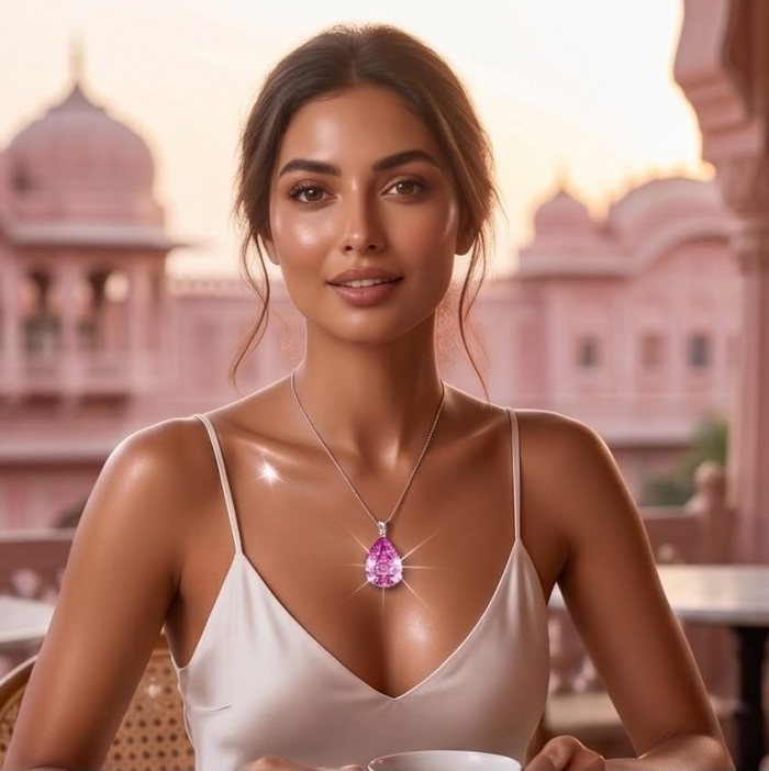 Incredible pear cut 18.8 carat Pink Sapphire .925 Sterling Silver handcrafted pendant - Woman wearing pear cut pink sapphire necklace, front view.