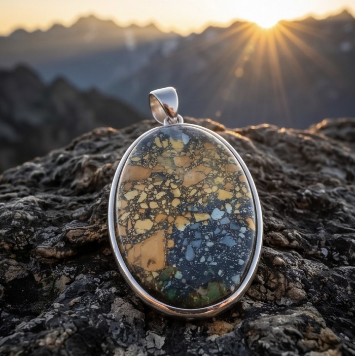 Rare - Great quality Maligano Jasper .925 Sterling Silver handmade Pendant - Close-up of Maligano Jasper pendant on rocky surface at sunrise